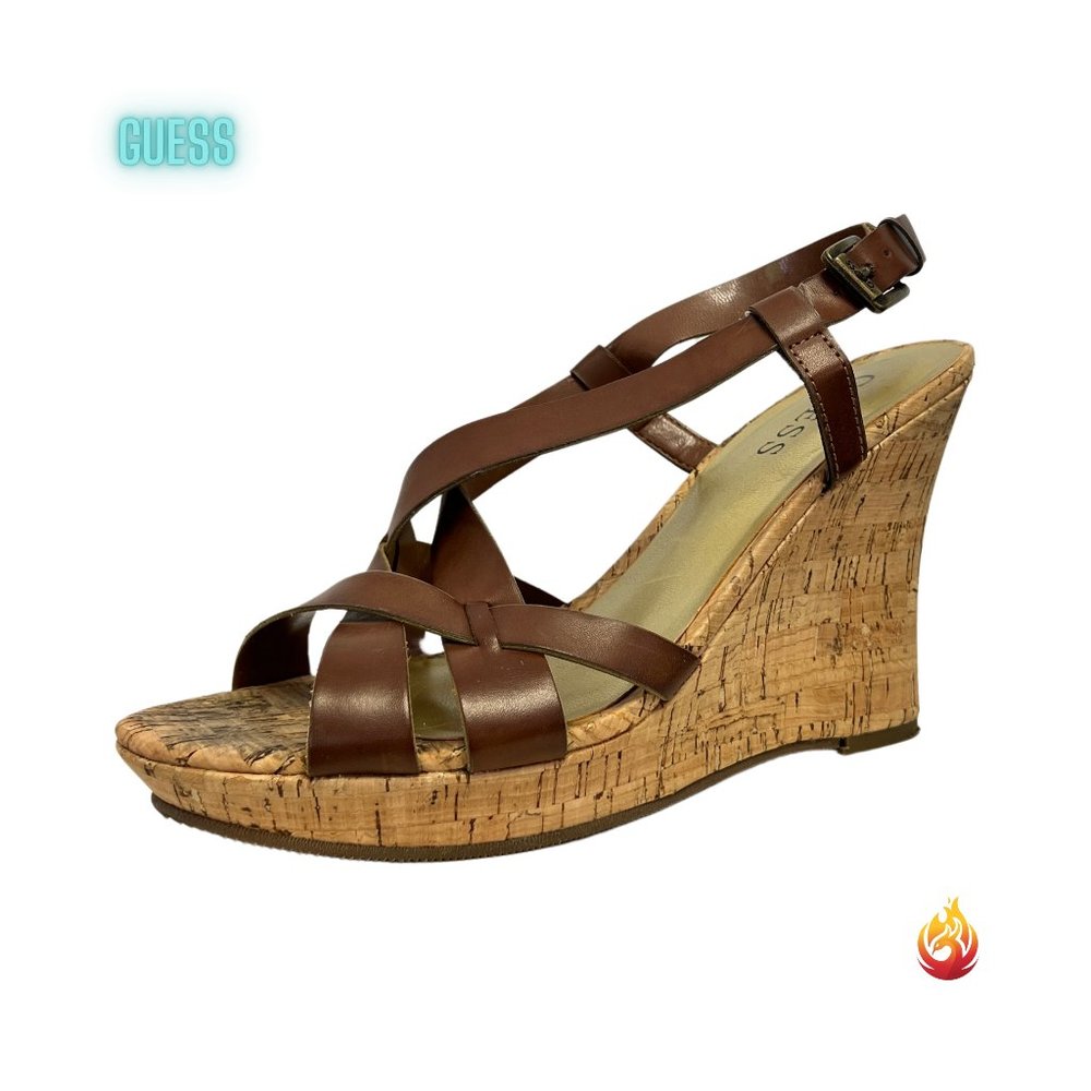 Guess Brown Cork Wedge Leather Strappy Sandals Espadrilles Platform